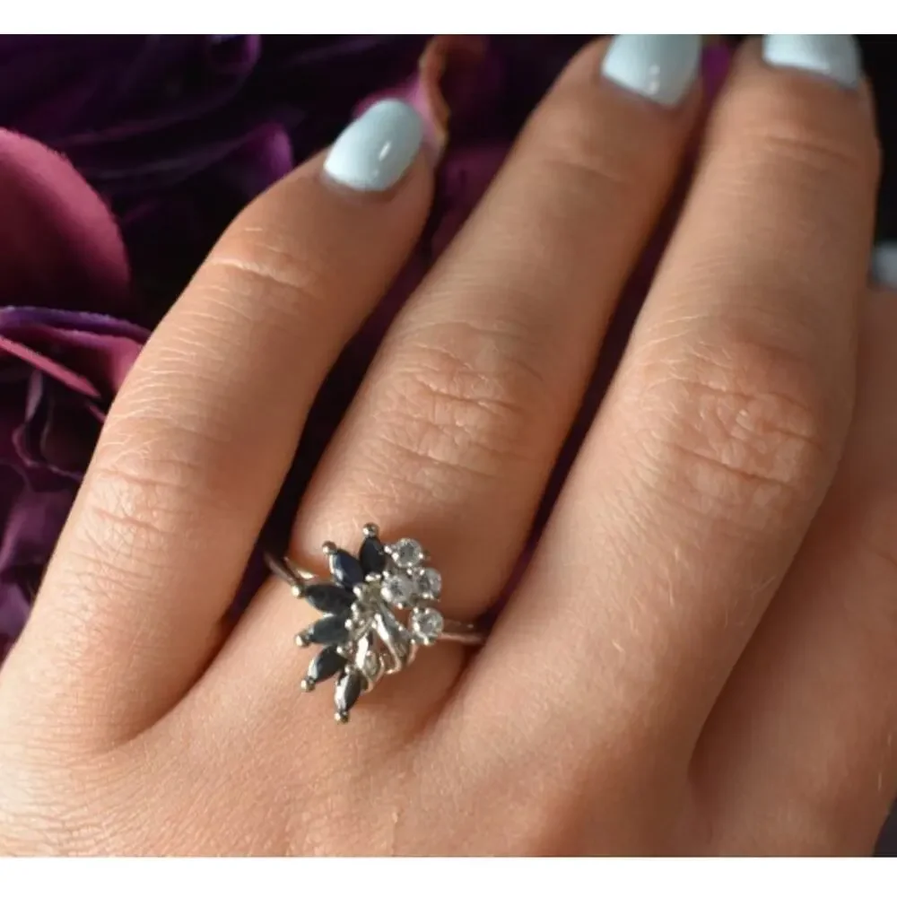 925 Sterling Silver Dark Blue Spinel & CZ Ring Size 6.5
